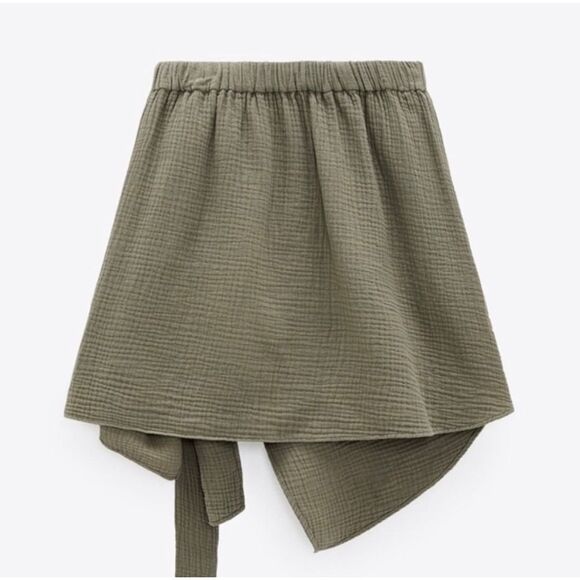 Zara EUC Wrap Up Knotted ButterySoft Material Olive Khaki Green Mini Skirt XS - Picture 7 of 12